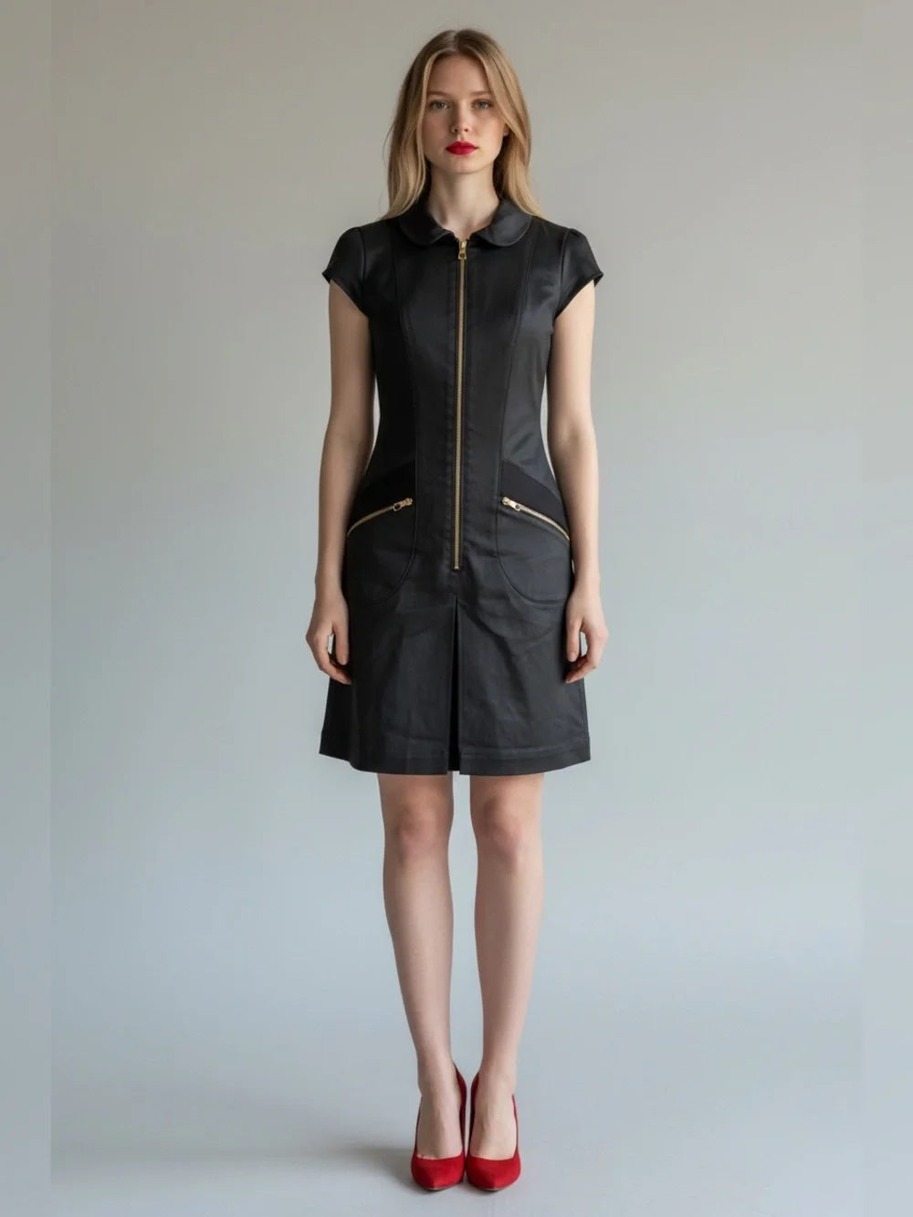 Louis Vuitton Black Short-Sleeve Zip-Front Mini Dress with Gold Accents